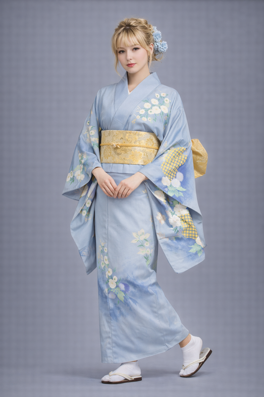 Kimono Japonais Femme bleu et Jaune à Fleurs