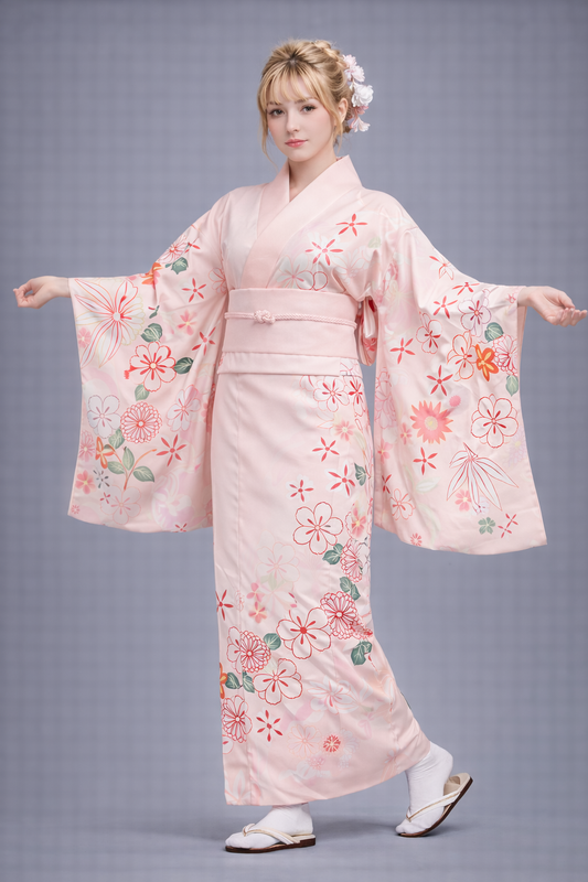 Kimono Japonais Femme Rose et Rouge à Fleurs