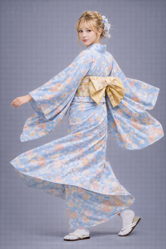 Kimono Japonais Femme bleu ciel à Fleurs
