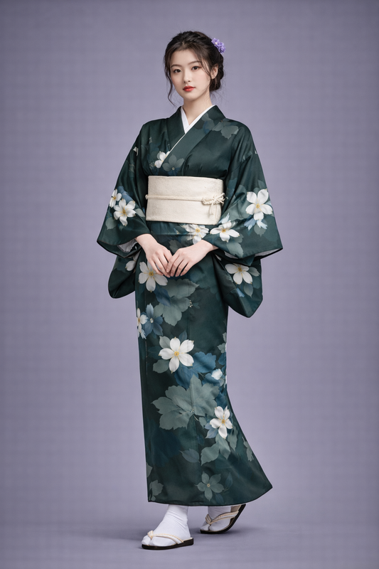 Kimono Japonais Femme Vert à Fleurs Blanches