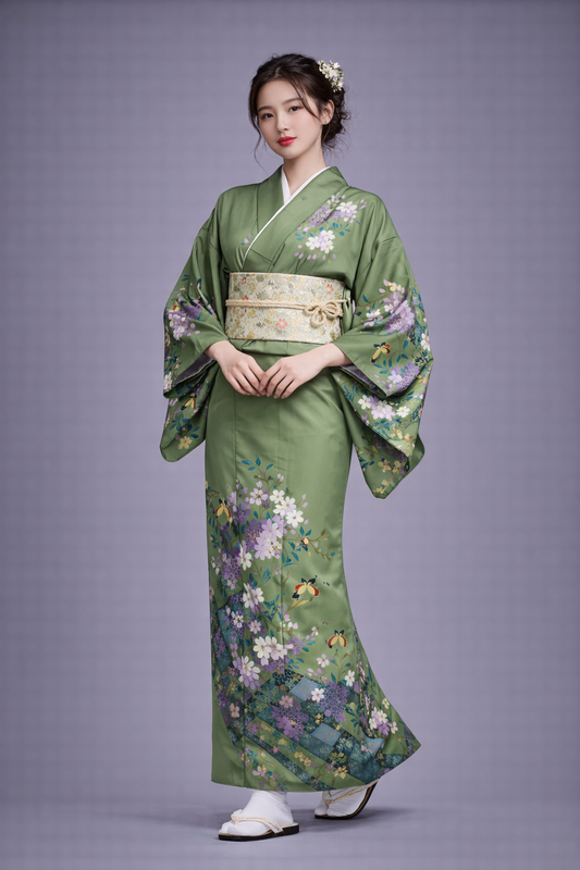 Kimono Japonais Femme Vert à Papillons