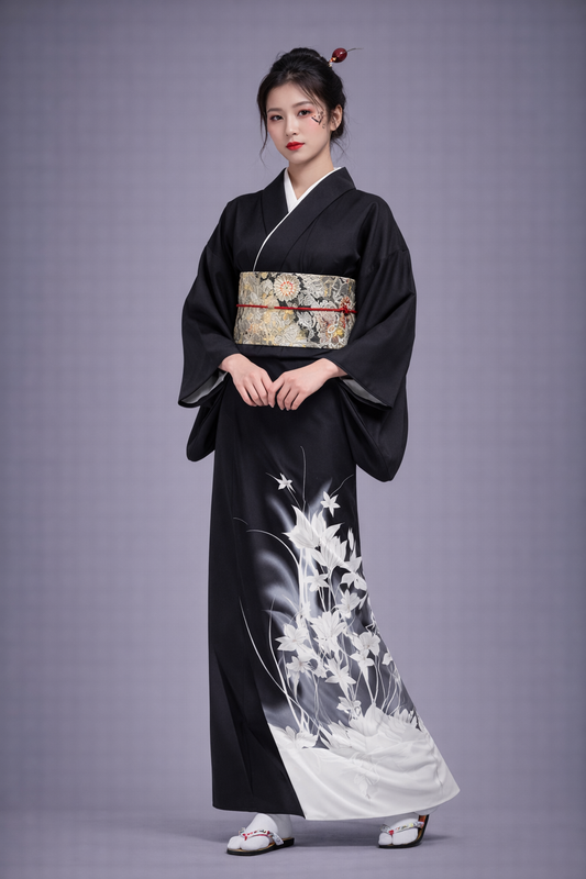Kimono Japonais Femme Noir Ikebana
