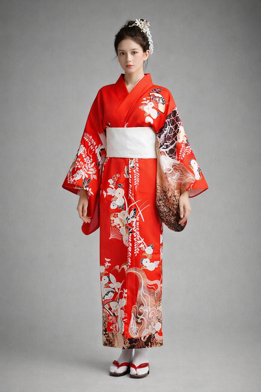 Kimono Japonais Femme Rouge Blanc et Noir