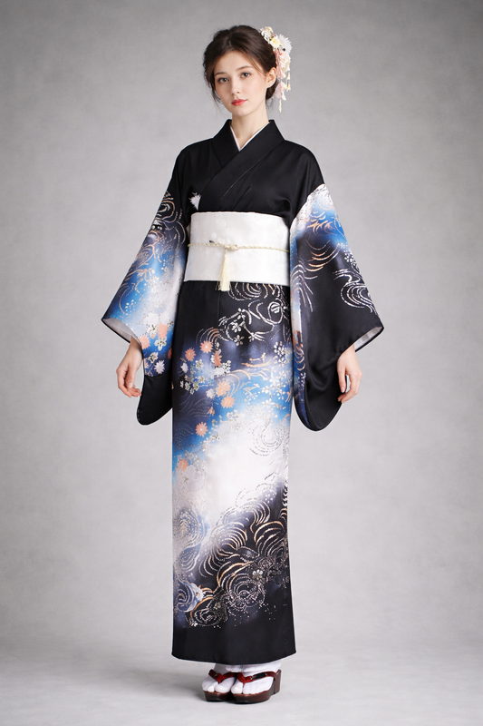 Kimono Japonais Femme Noir Blanc et Bleu