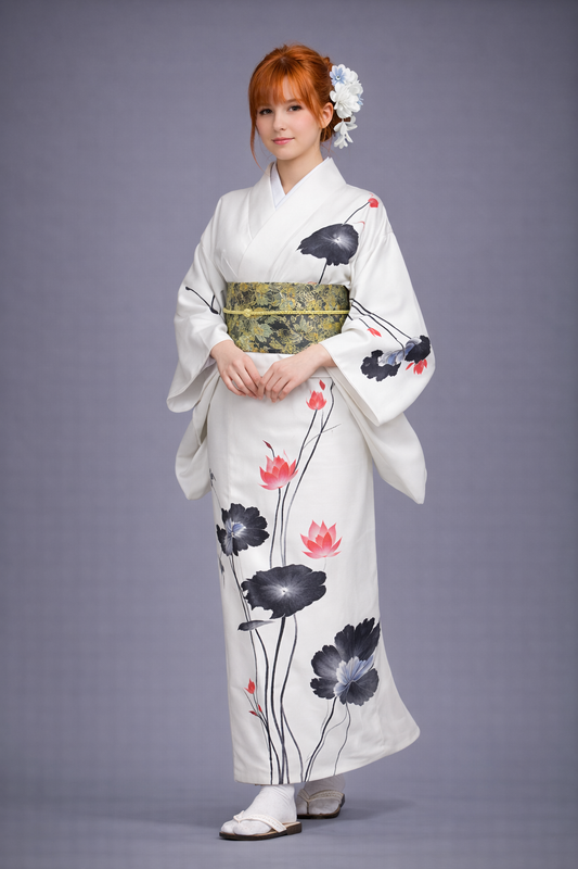 Kimono Japonais Femme Blanc à Fleurs noires