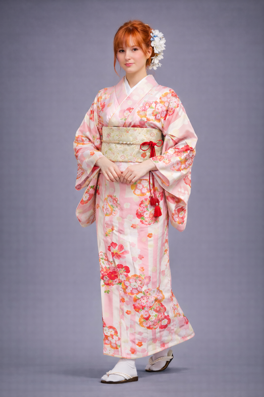 Kimono Japonais Femme Rose Jaune Blanc