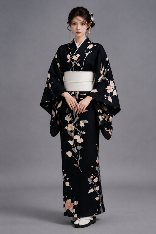 Kimono Japonais Femme Noir à Fleurs Blanches