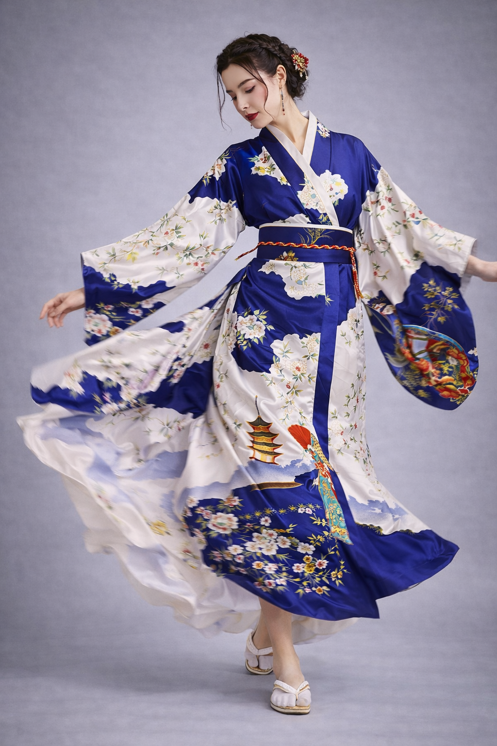 Robe Kimono Femme Bleu et Blanc