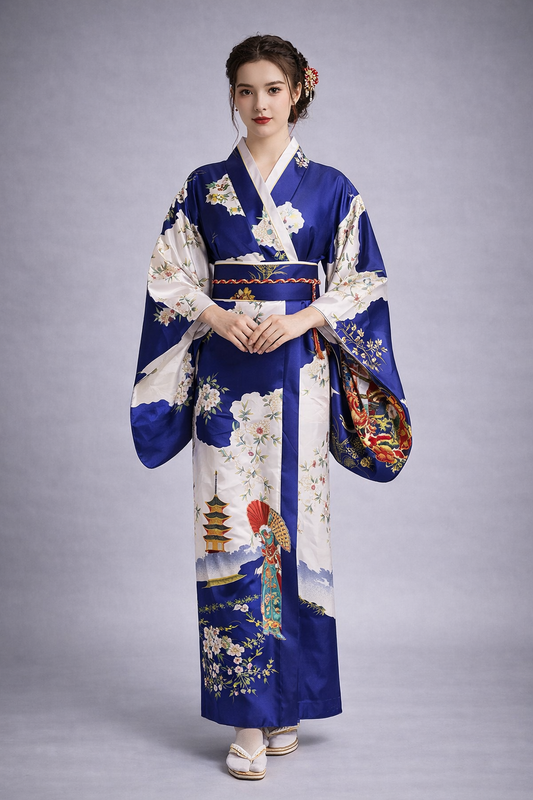 Robe Kimono Femme Bleu et Blanc