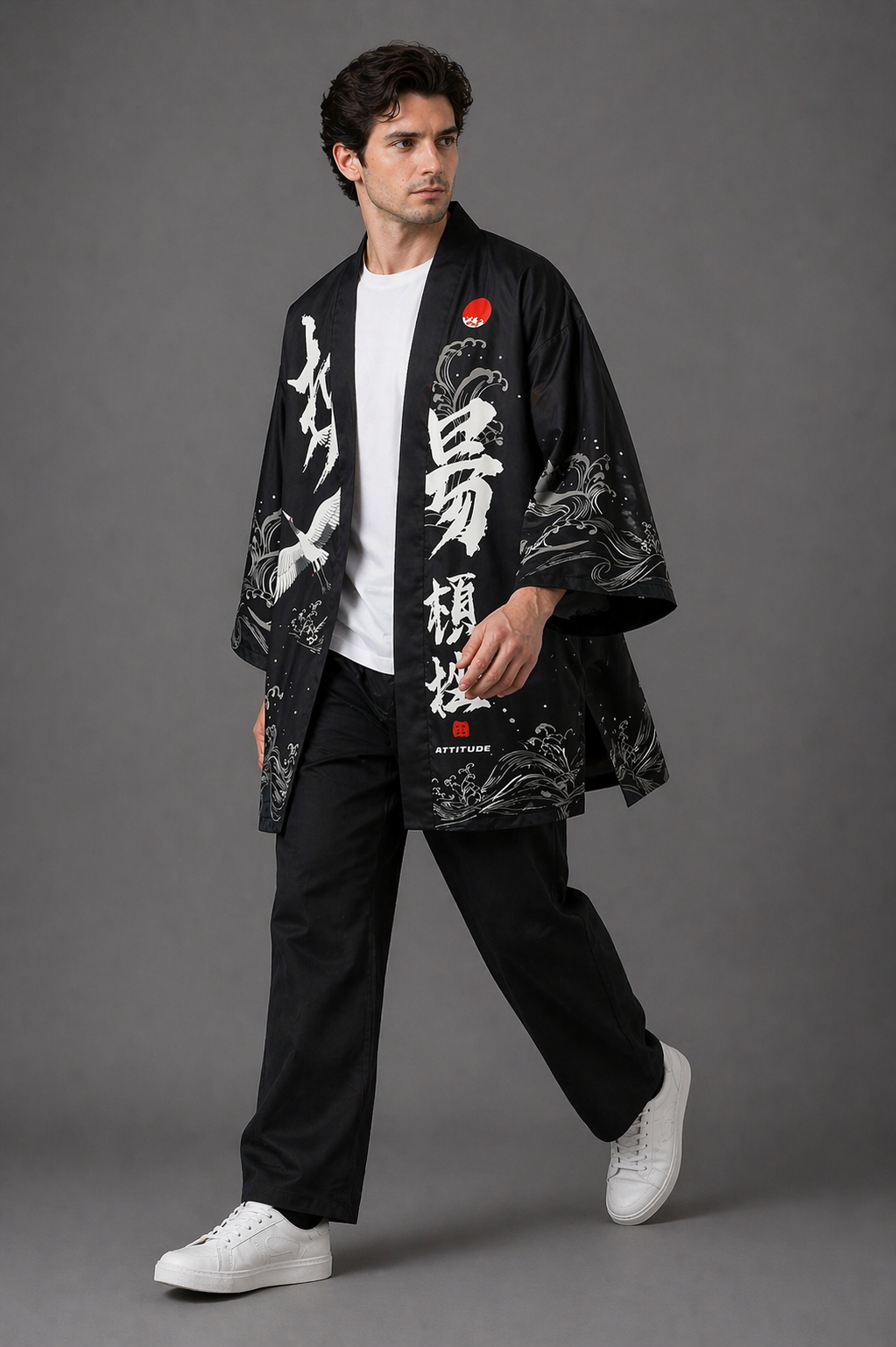 Veste Kimono Homme Satin Noir Grue