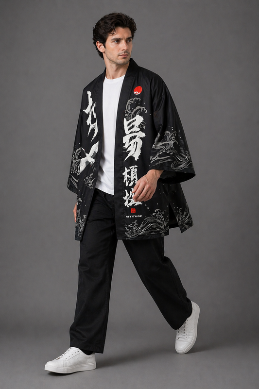 Veste Kimono Homme Satin Noir Grue