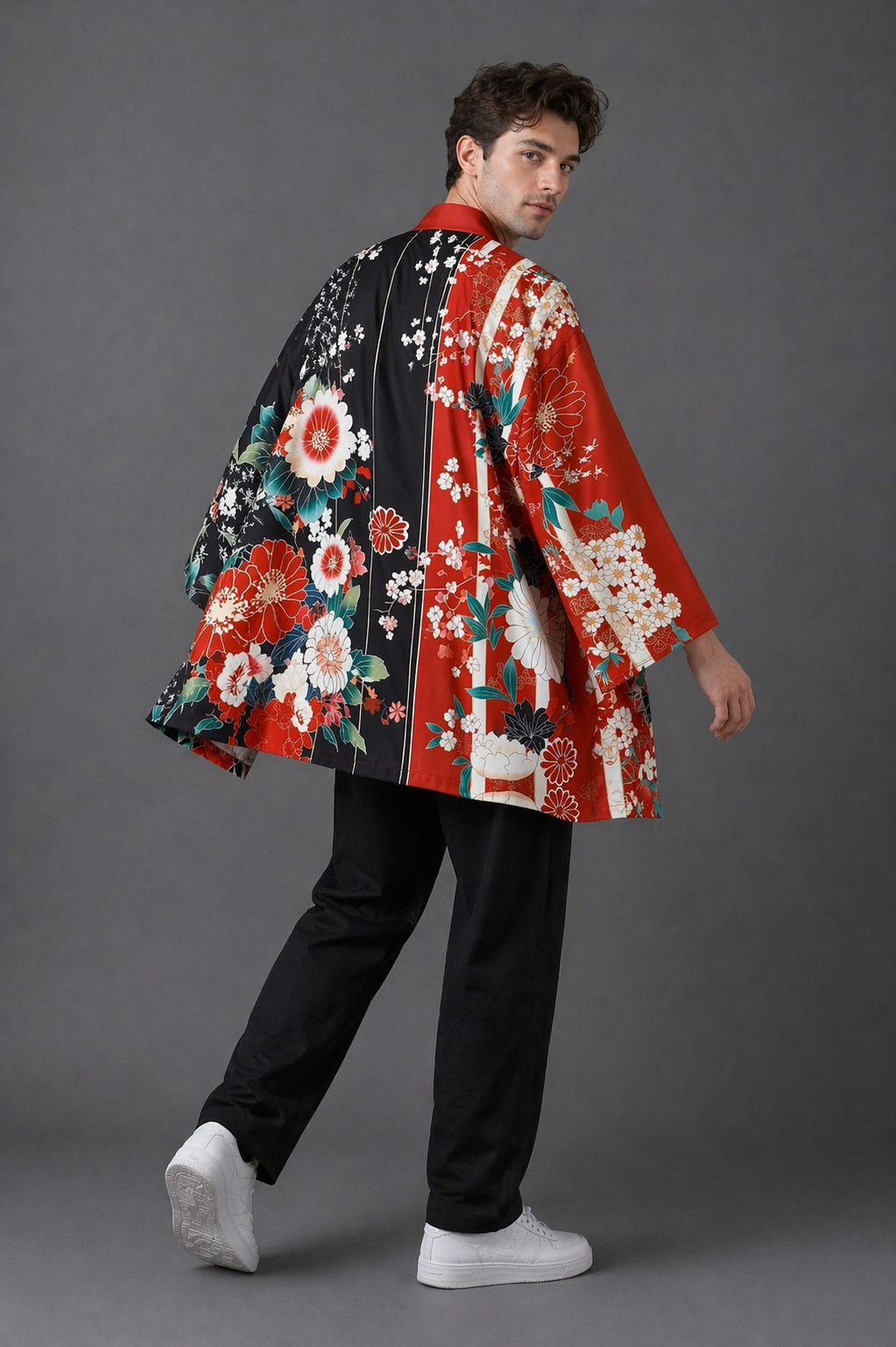 Veste kimono Homme Satin Rouge et Noir