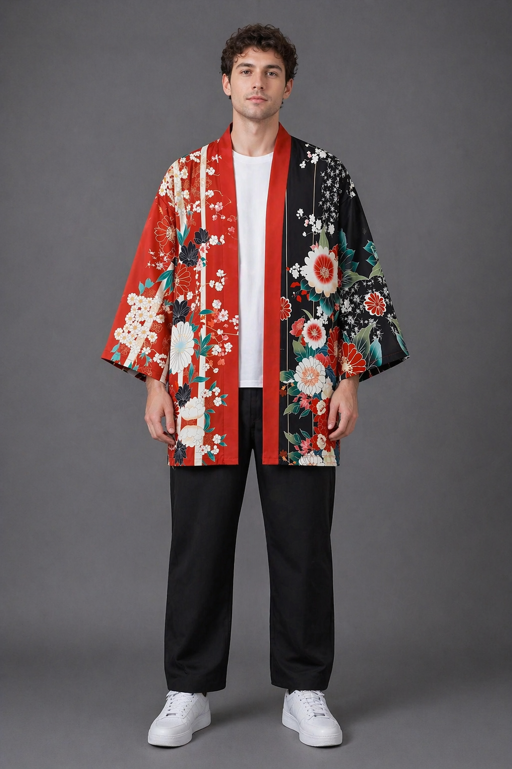 Veste kimono Homme Satin Rouge et Noir