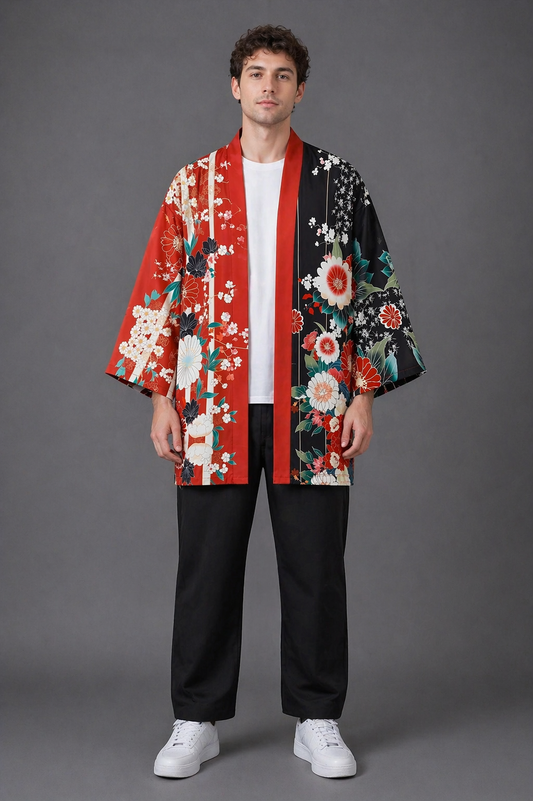 Veste kimono Homme Satin Rouge et Noir