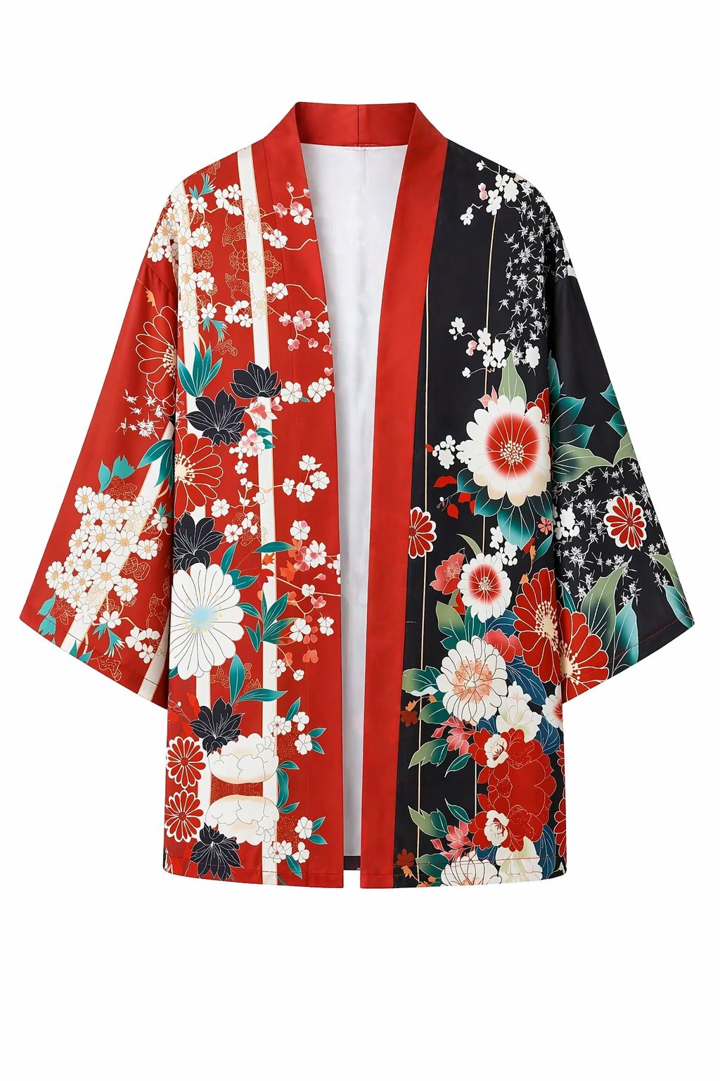 Veste kimono Homme Satin Rouge et Noir