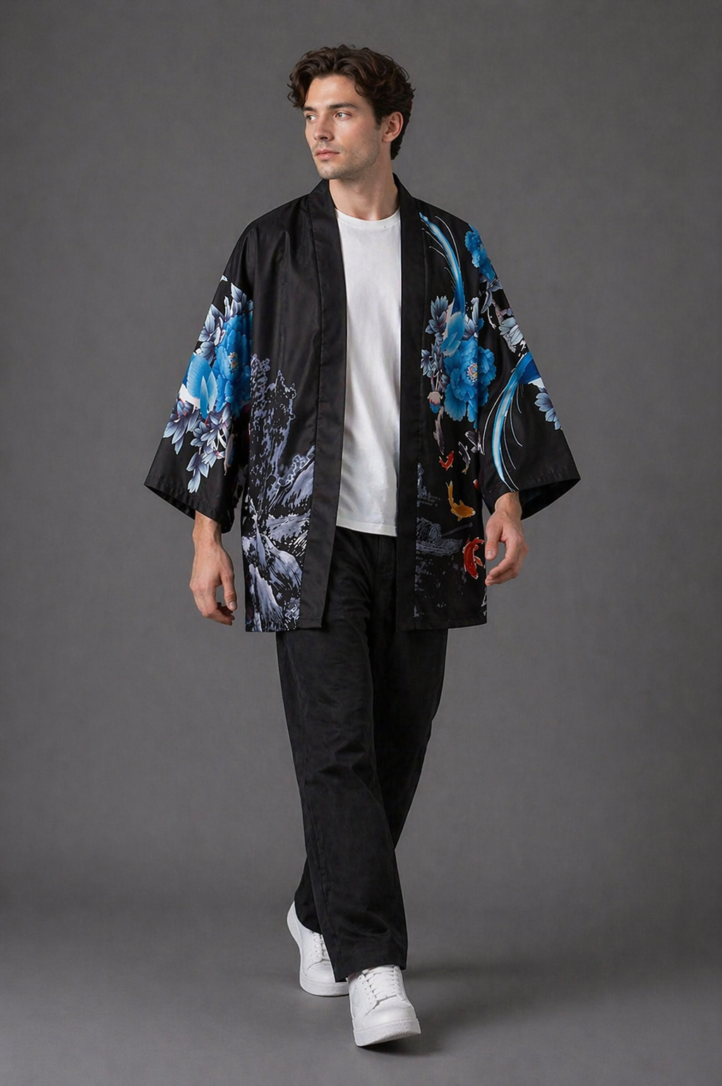 Veste kimono Homme Satin Noir et Bleu
