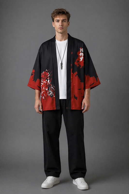 Veste Kimono Homme Satin Noir et Pourpre
