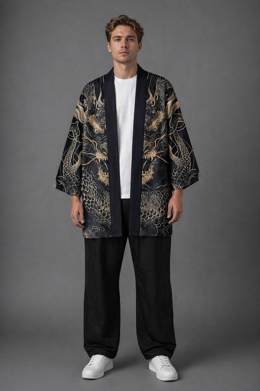 Veste Kimono Homme Satin Noir Dragon