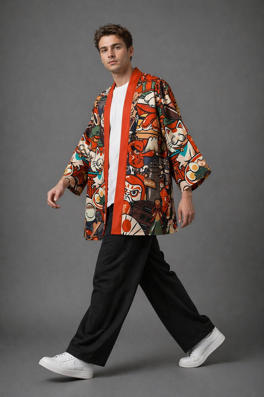 Veste Kimono Homme Satin Orange