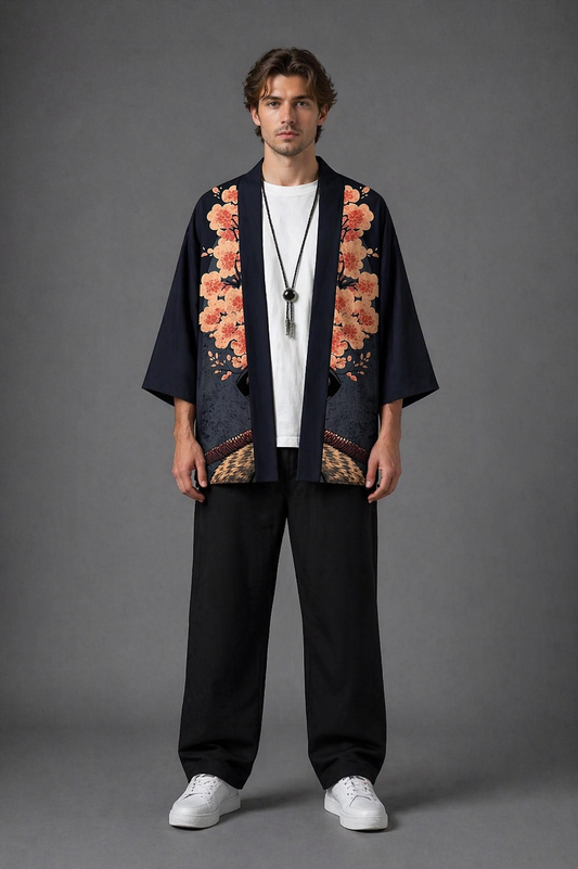 Veste Kimono Homme Satin Noir et Rose