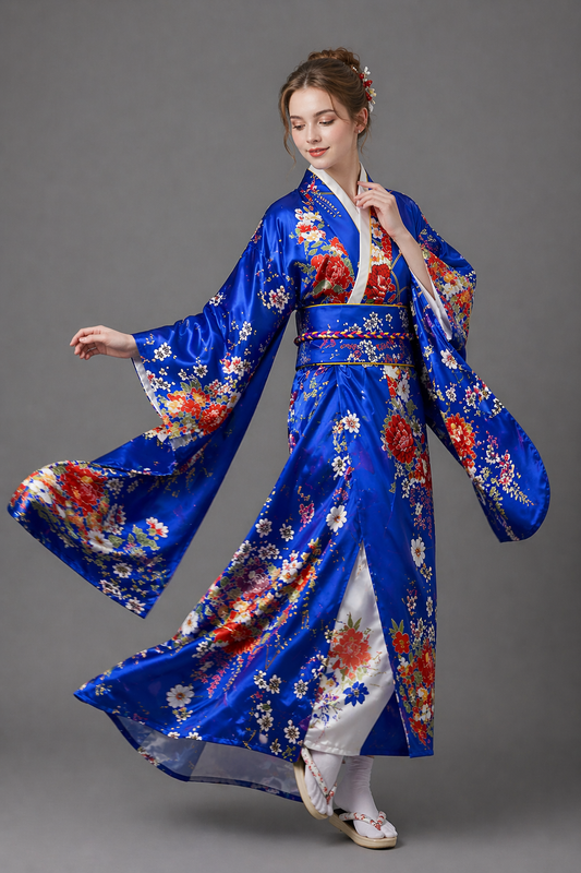 Kimono Japonais Fille Bleu Satin
