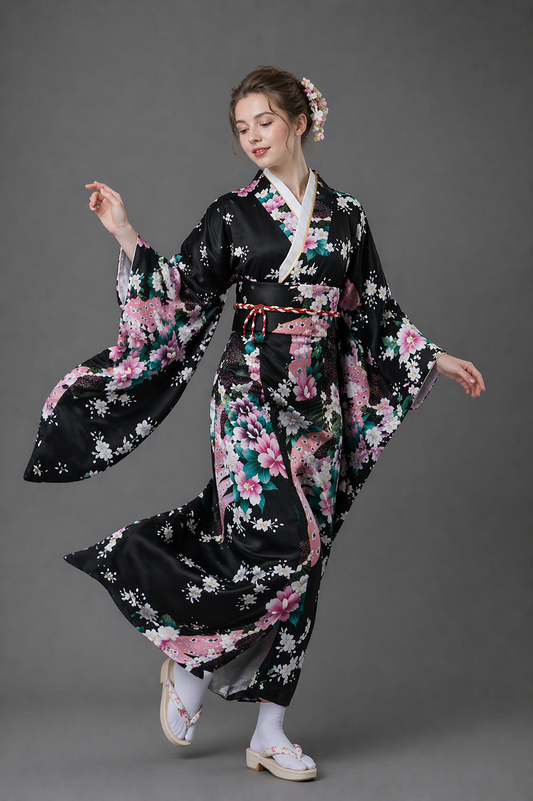 Kimono Japonais Fille Noir Satin