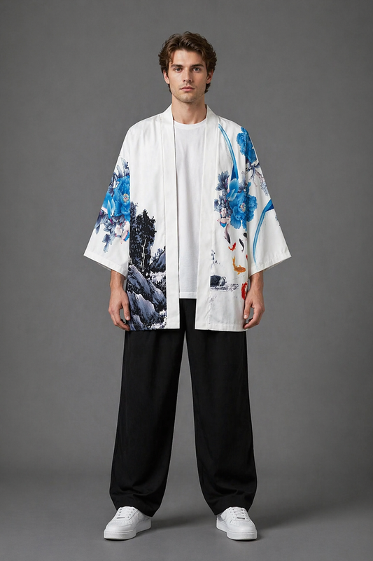 Veste Kimono Homme Satin Blanc et Bleu