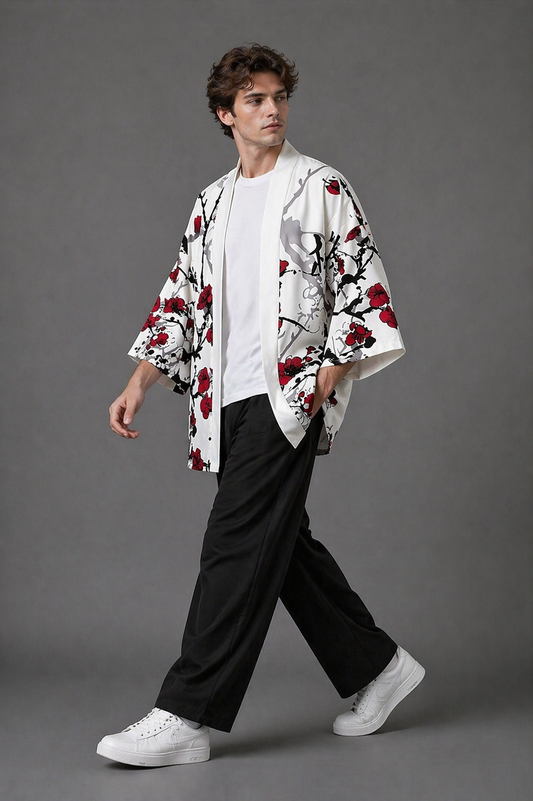 Veste Kimono Homme Satin Blanc Noir et Rouge