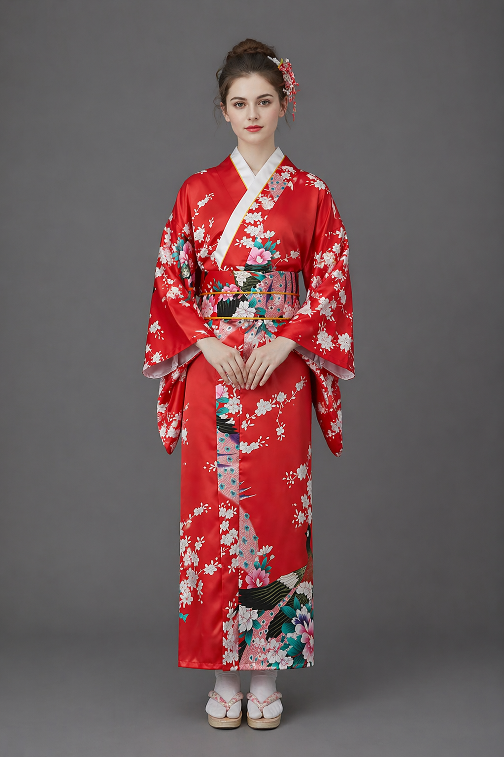 Kimono Japonais Fille Rouge Satin