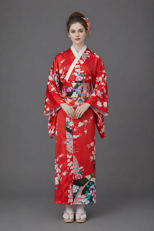 Kimono Japonais Fille Rouge Satin