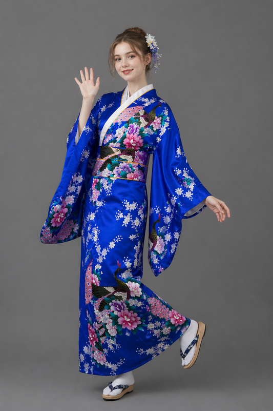 Kimono Japonais Fille Bleu à Fleurs