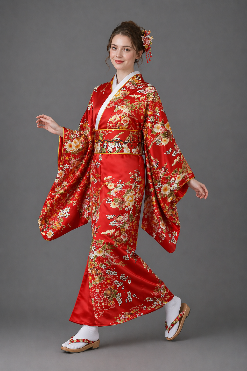 Kimono Japonais Fille Rouge à Fleurs