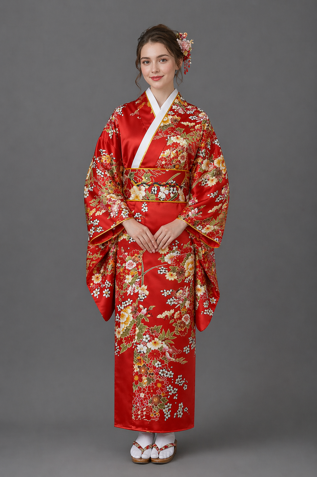 Kimono Japonais Fille Rouge à Fleurs