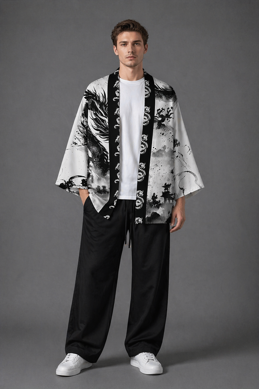 Veste Kimono Homme Satin Blanc Dragon