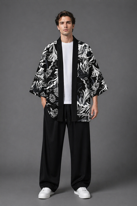 Veste Kimono Homme Satin Noir Kaze