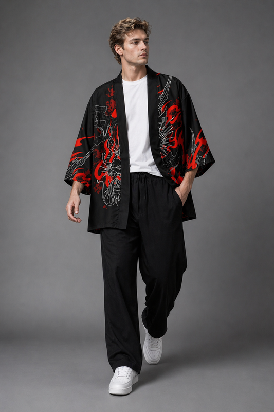 Veste Kimono Homme Satin Dragon Rouge et Noir