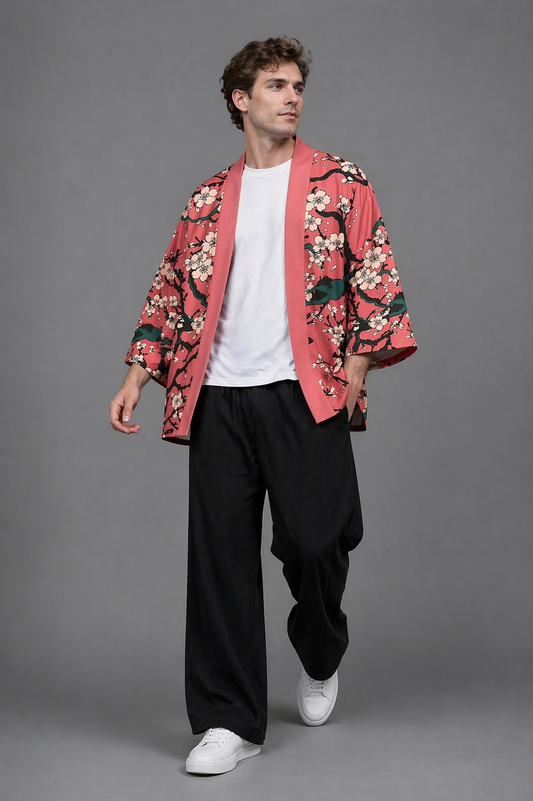 Veste Kimono Homme Satin Cerisier