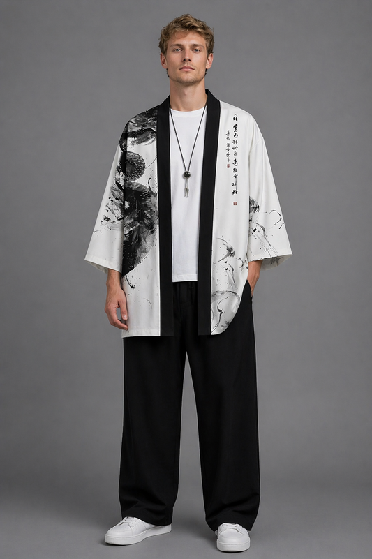 Veste Kimono Homme Satin Dragon Blanc