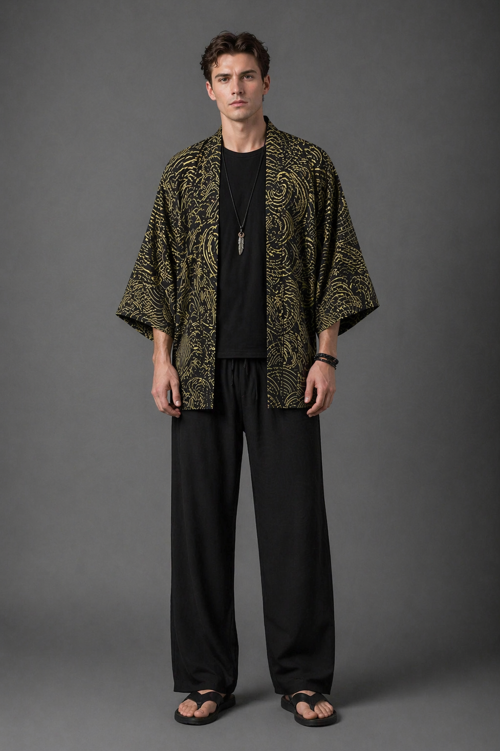 Veste Kimono Homme Noir Vague