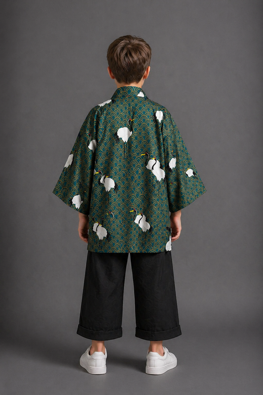 Veste Kimono Relax Garçon Vert et Grues