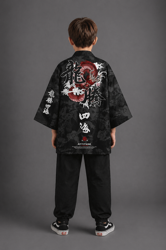 Veste Kimono Relax Garçon Dragon Rouge