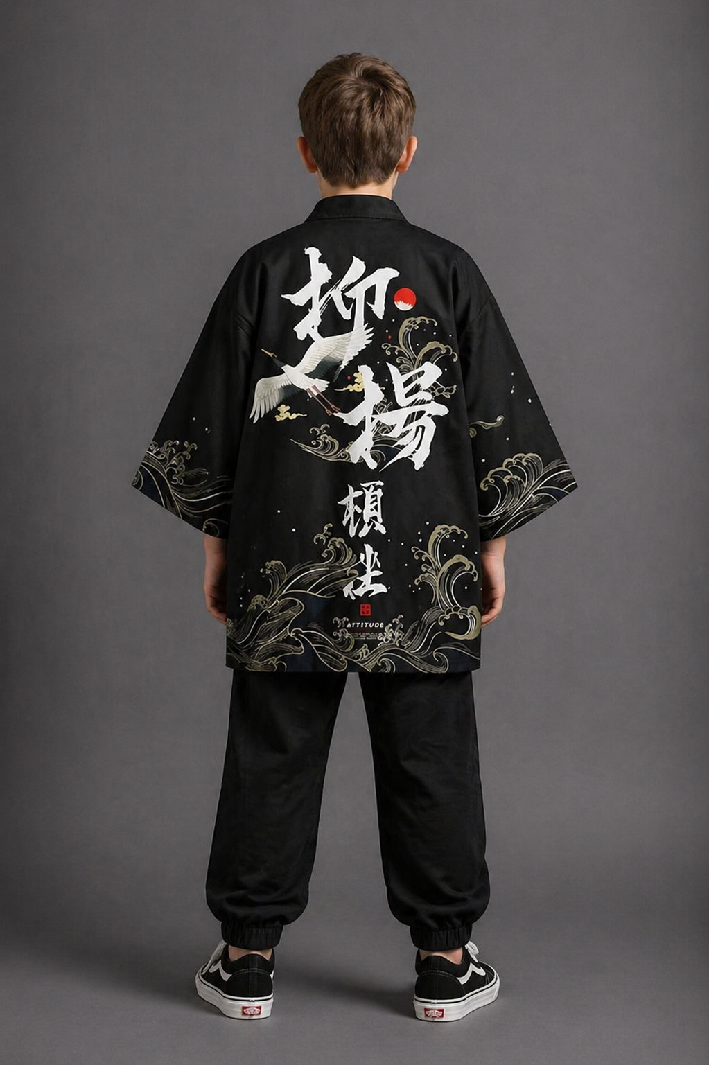 Veste Kimono Relax Garçon Noir avec 2 Grues