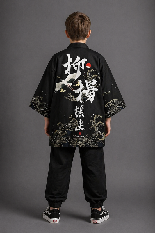 Veste Kimono Relax Garçon Noir avec 2 Grues