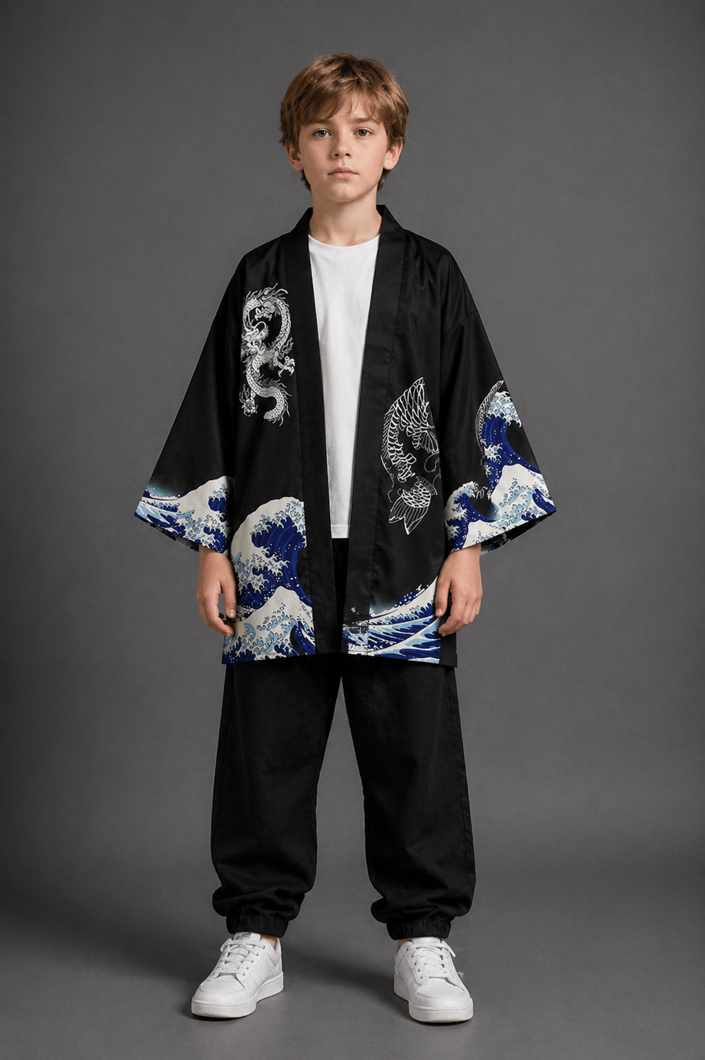 Veste Kimono Relax Garçon Noir Vagues