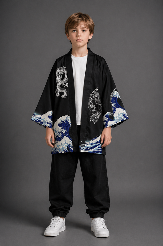 Veste Kimono Relax Garçon Noir Vagues