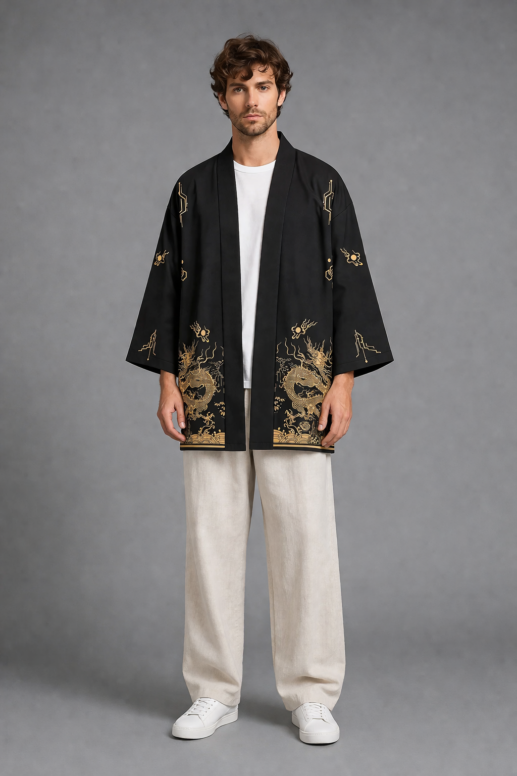 Veste Kimono Homme Satin Dragon Doré