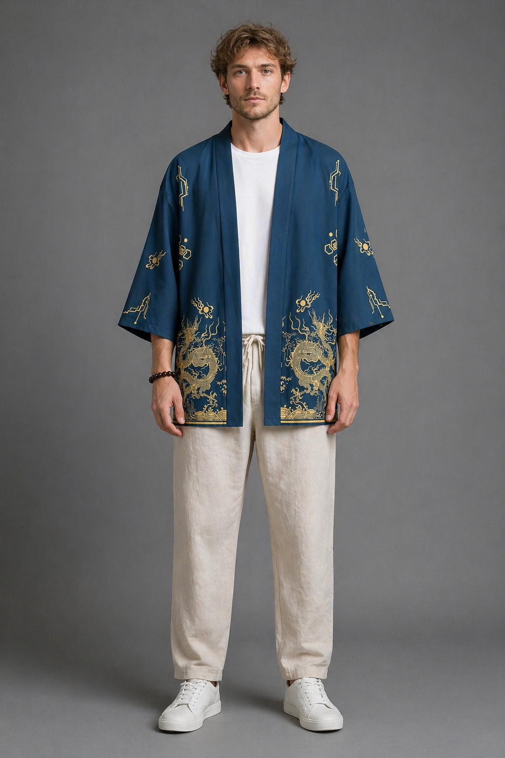 Veste Kimono Homme Satin Dragon Doré