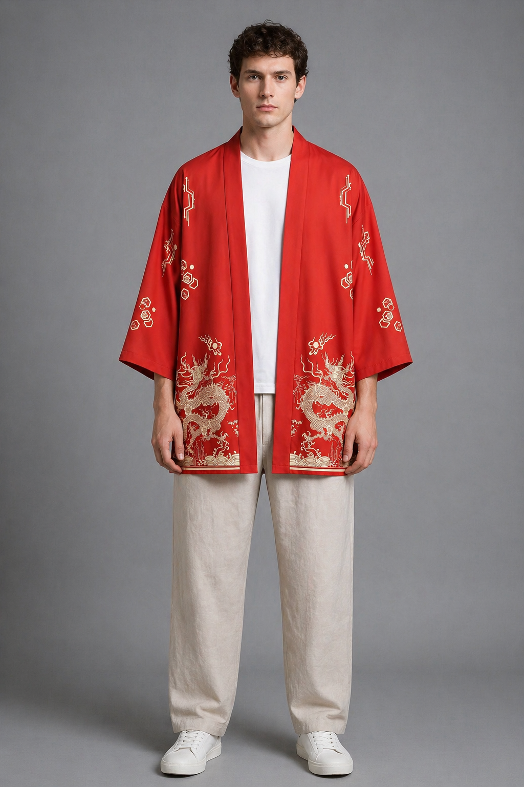 Veste Kimono Homme Satin Dragon Doré