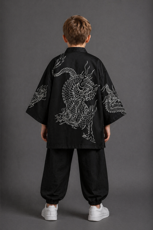 Veste Kimono Relax Garçon Noir Dragon Argent