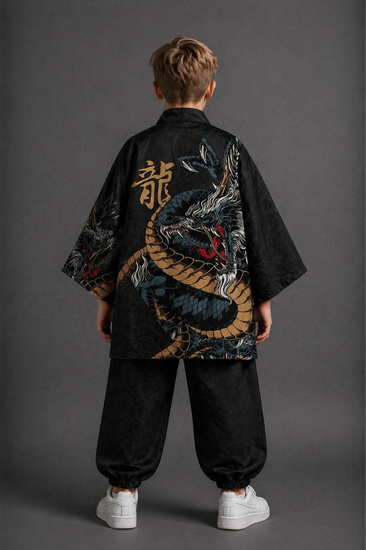 Veste Kimono Relax Garçon Dragon Noir